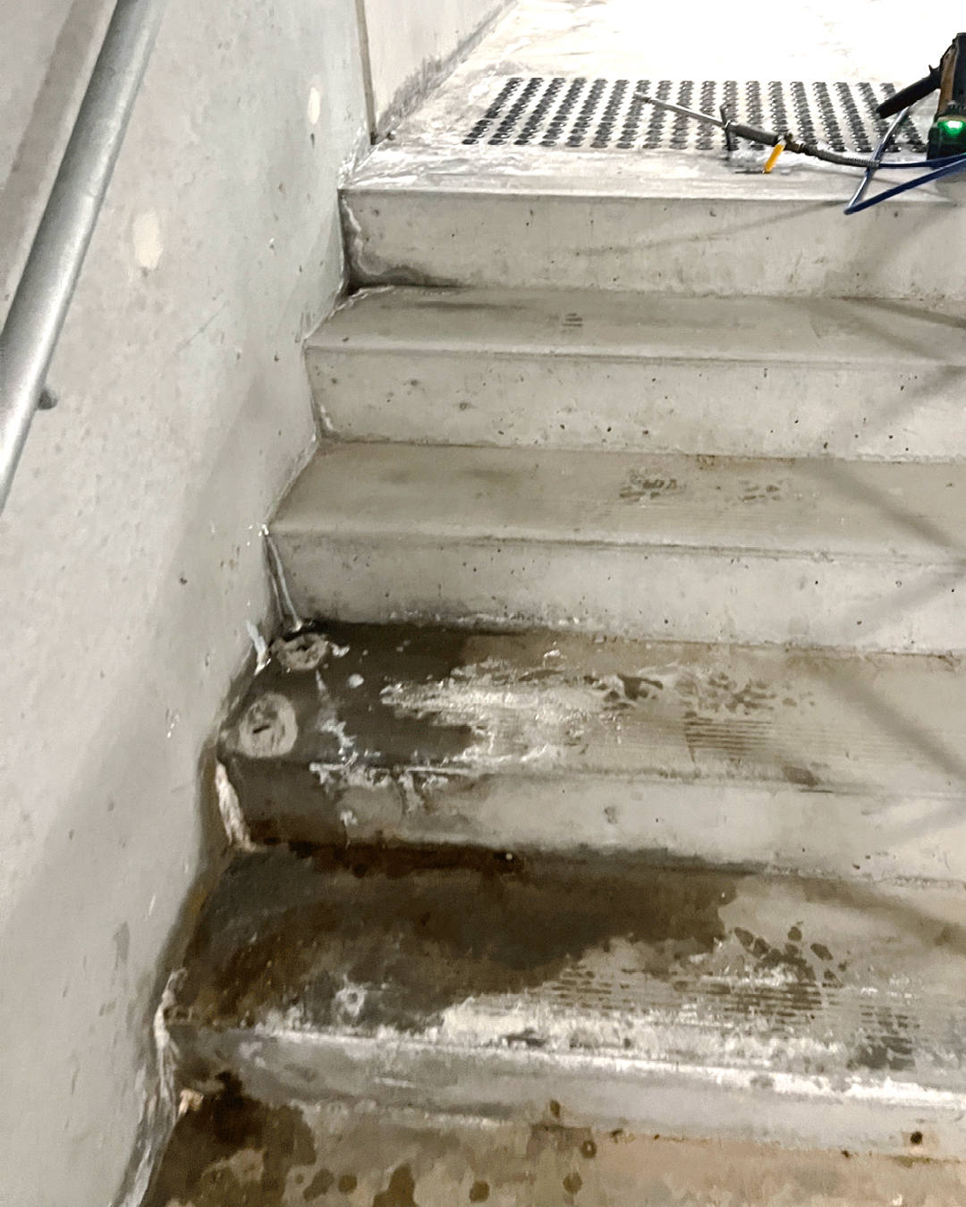 Water Ingress evident on steps - water mark stain and moulding