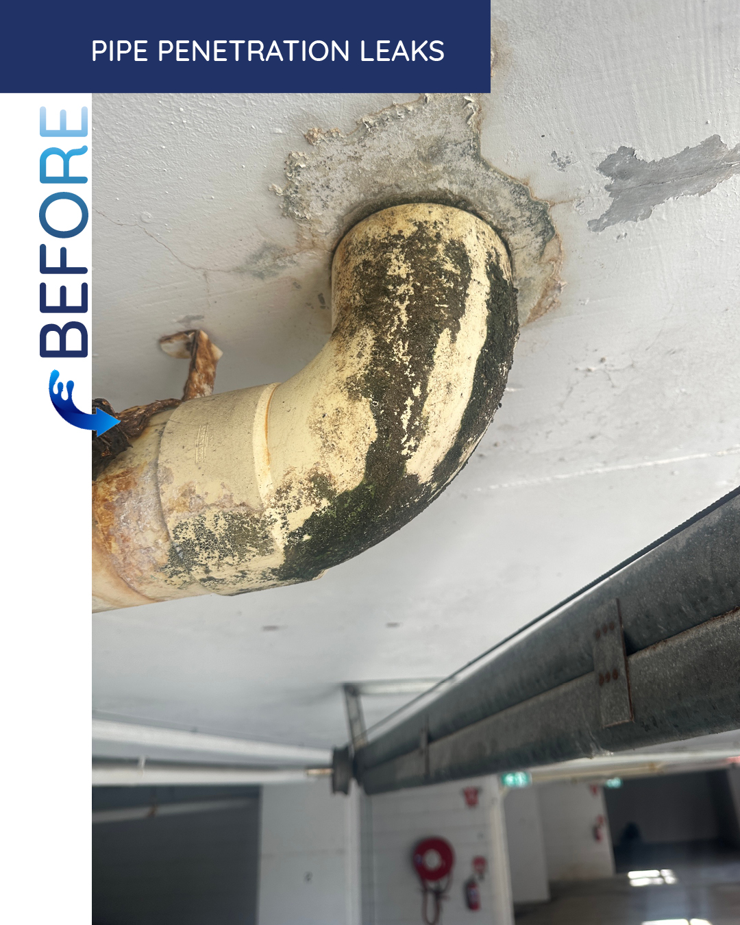 Pipe Penetration with mould growing on it, clear water ingress issues.